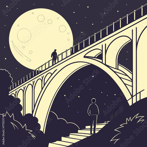 A solitary figure stands on a grand bridge under a luminous full moon and a star filled night sky contemplating the vastness of the universe