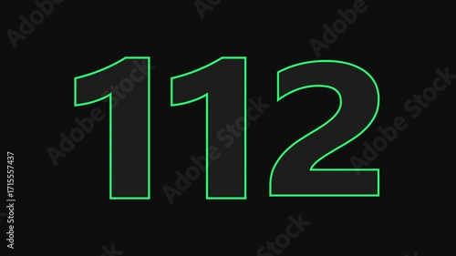 glowing text 112 number countdown icon on black background 4k animation.