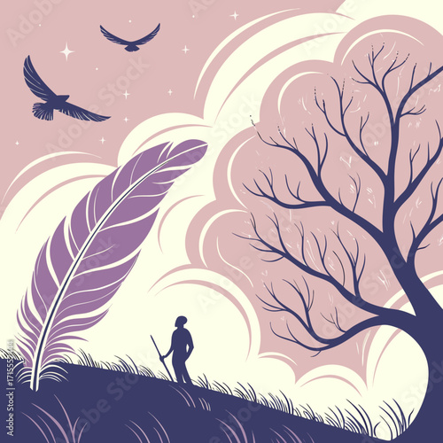 A solitary figure with a walking stick stands on a grassy hill next to a giant feather gazing at a bare tree and birds flying in a stylized sky