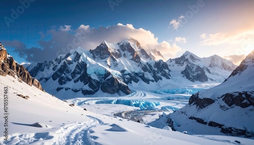 Snow Capped Mountain Range Under a Blue Sky with Sunlight and Clouds Panorama Wide Scenic Winter Landscape Aerial Photography in Daylight