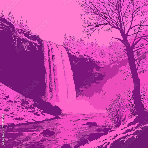A vibrant pink and purple illustration of a majestic waterfall cascading down a rocky cliff surrounded by bare trees and foliage in a stylized natural landscape