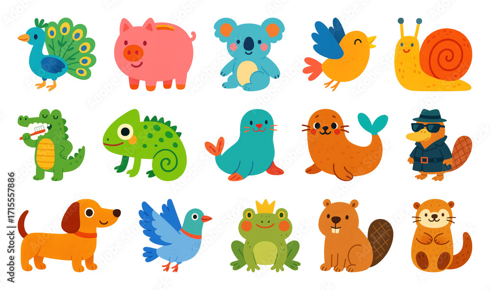 Naklejka premium PNG Colorful cartoon animal illustrations, element set on transparent background