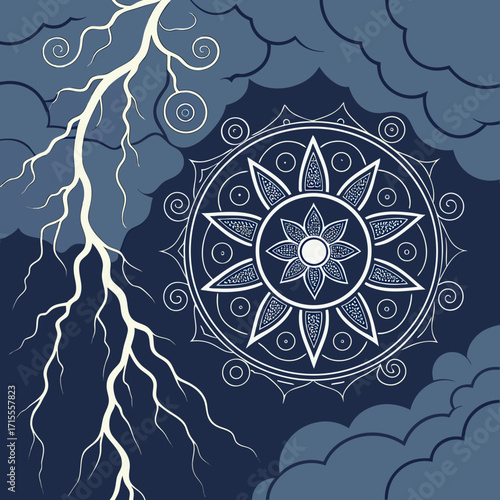 Abstract illustration of a white mandala symbol against a dark blue stormy sky with swirling clouds and a bright lightning bolt striking from the upper left corner