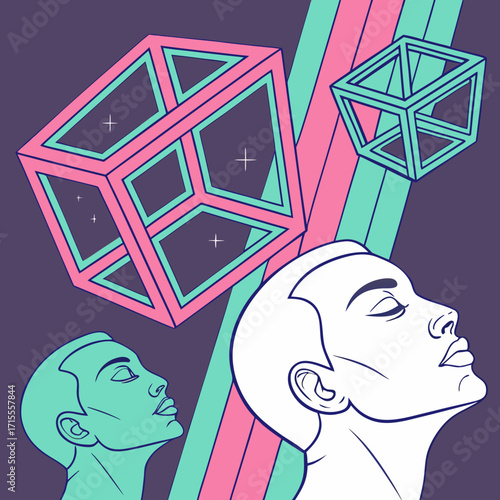 Abstract geometric shapes and stylized human profiles looking upwards towards glowing cubes against a vibrant striped background