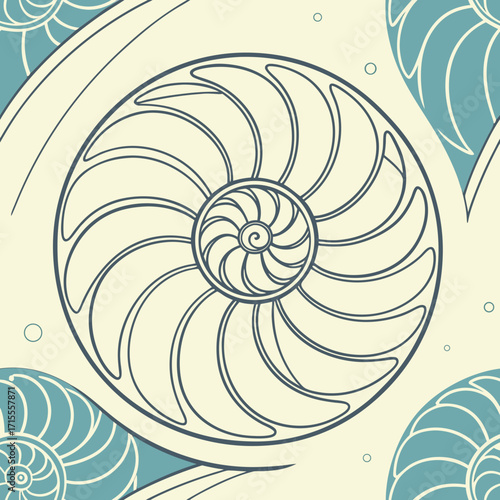 Abstract nautilus shell pattern with geometric spirals and curved lines in a vintage color palette