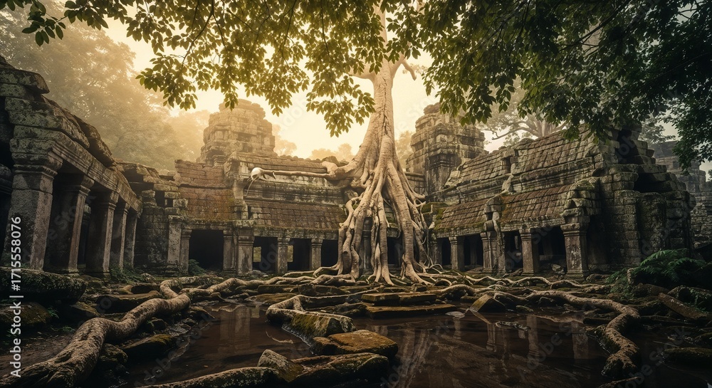 Fototapeta premium Ancient stone temple ruins overgrown with large tree roots in dense tropical jungle with soft morning light, concept of time, mystery, history, and nature reclaiming forgotten civilizations