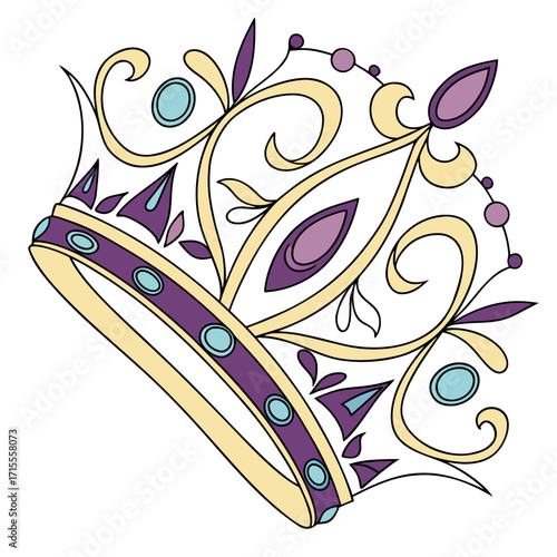 Elegant and ornate golden crown adorned with purple and teal gemstones and decorative swirls symbolizing royalty and luxury