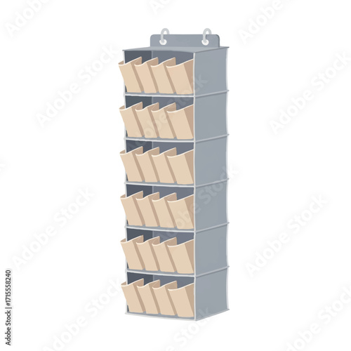 Gray metal file organizer with multiple rows of beige hanging file folders on a white background.