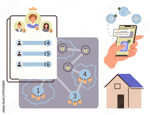 Leaderboard with ranked profiles, network map with secure nodes, phone for authentication, and home icon. Ideal for gamification, cybersecurity, smart home, ranking, networking system access simple