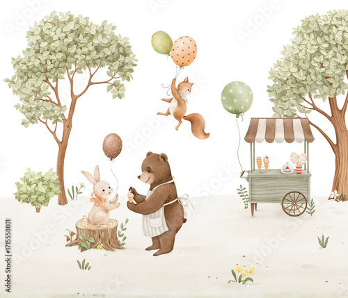 Watercolor cute animals with ice cream and sweets cart of outdoor with beautiful trees. Hand-drawn illustration, print for mural bedroom, wallpaper or background with cute characters.
