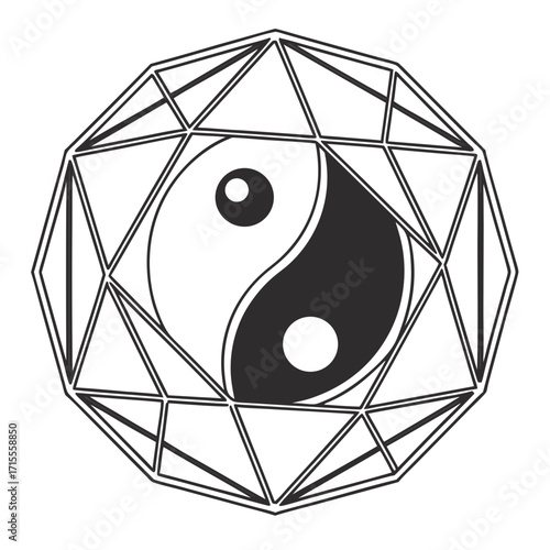 Geometric yin yang symbol encased in a wireframe octagonal crystal structure representing balance and harmony