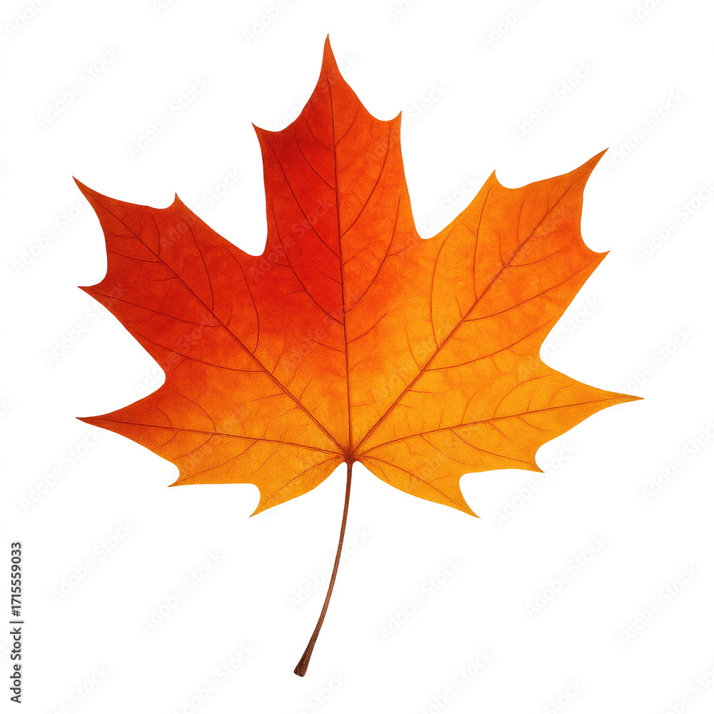 Obraz premium Vibrant Autumn Leaf: A captivating image of a single, brilliantly colored maple leaf, transitioning from fiery red to warm orange, embodies the essence of the fall season.