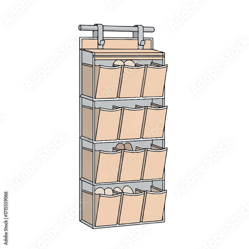 Illustration of a hanging storage organizer with multiple fabric pockets and a metal frame on a white background.