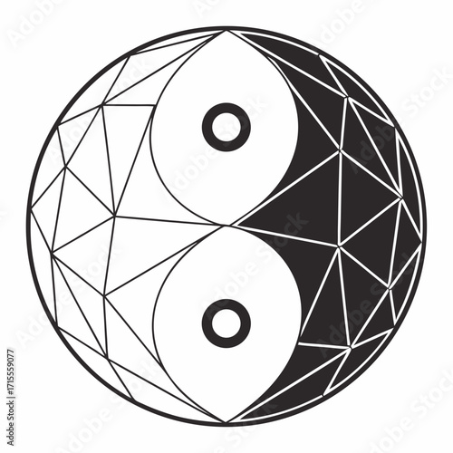 Geometric yin yang symbol with faceted design representing balance harmony duality and opposing forces in black and white