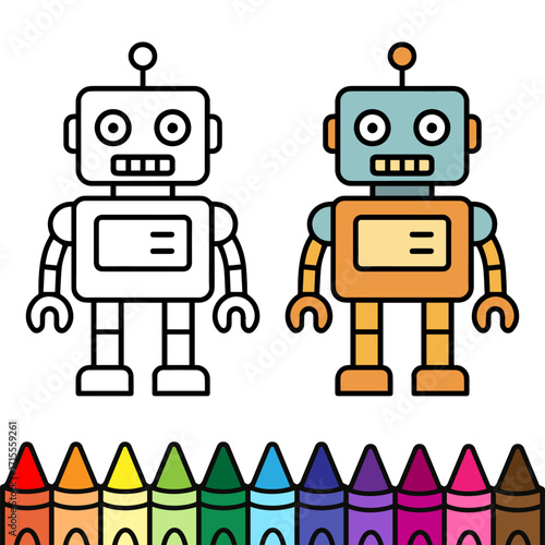 A side-by-side illustration of a cute, friendly cartoon robot in two versions: a blank black and white line drawing for coloring, and a completed version with a vintage-style color palette.