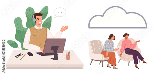 Man at desk wearing headset interacts via cloud connection two women discuss and collaborate on sofa chairs nearby. Ideal for teamwork, consulting, online support, connectivity, remote work
