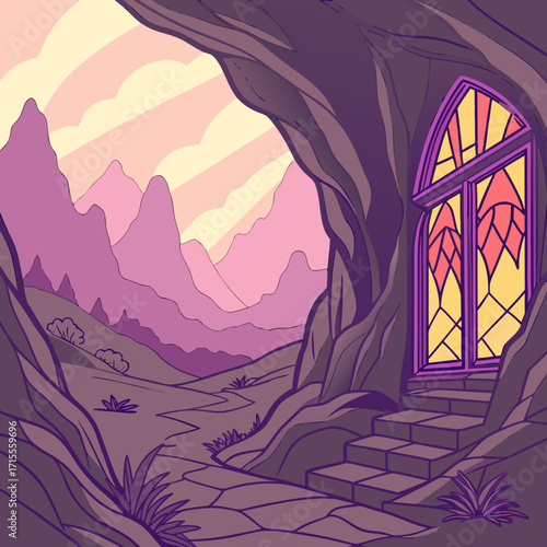 Mysterious cave entrance opens to a vibrant stained glass window and a breathtaking mountain landscape at sunset