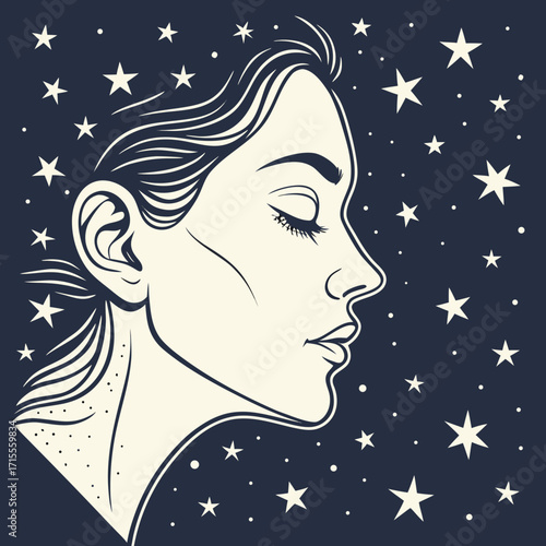 Profile of a serene woman with closed eyes surrounded by a celestial night sky filled with twinkling stars and constellations