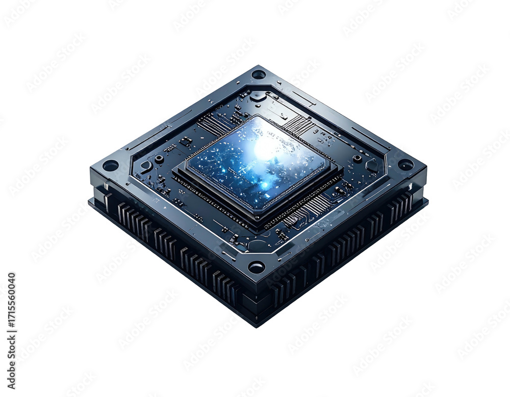 Obraz premium Square metallic computer chip with glowing center