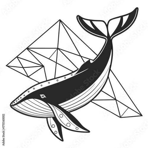 Stylized black and white illustration of a majestic whale swimming gracefully with abstract geometric shapes in the background creating a modern artistic composition