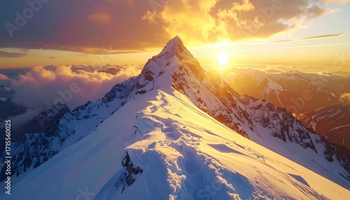 Snowy Mountain Peak at Sunset with Golden Light and Clouds Aerial View