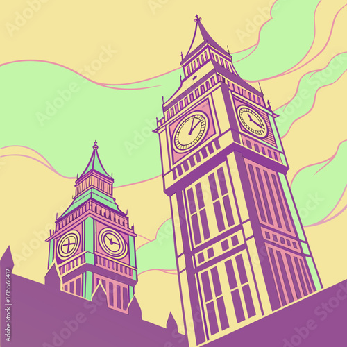 Stylized illustration of big ben and the elizabeth tower in london with a vibrant pastel color palette and wavy sky background