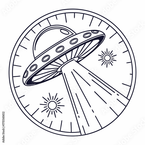 Stylized line art illustration of a classic flying saucer ufo emitting a beam of light set within a circular frame with celestial sun symbols
