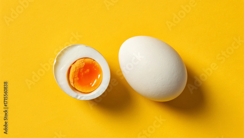 Whole and halved hard boiled egg on a bright yellow background