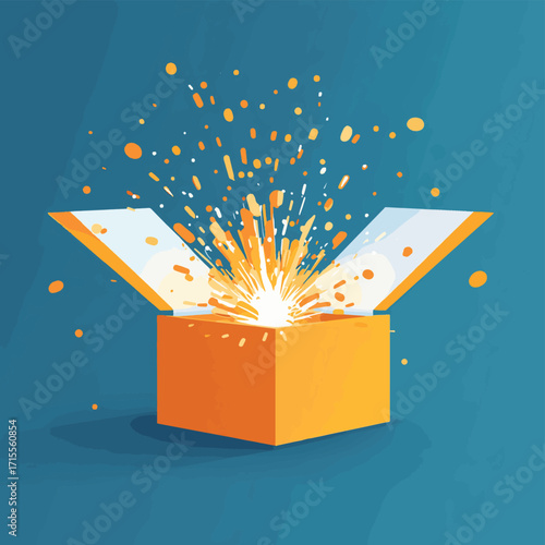Box split open with spark inside illustrating the concept of surprise and excitement in gift giving experiences , vector style simple color