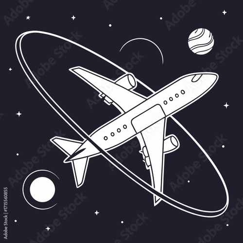 Stylized white airplane with engines and wings soaring through a dark starry sky with planets and orbital rings