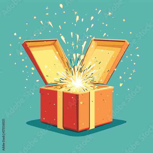Box split open with spark inside illustrating the concept of surprise and excitement in gift giving experiences , vector style simple color