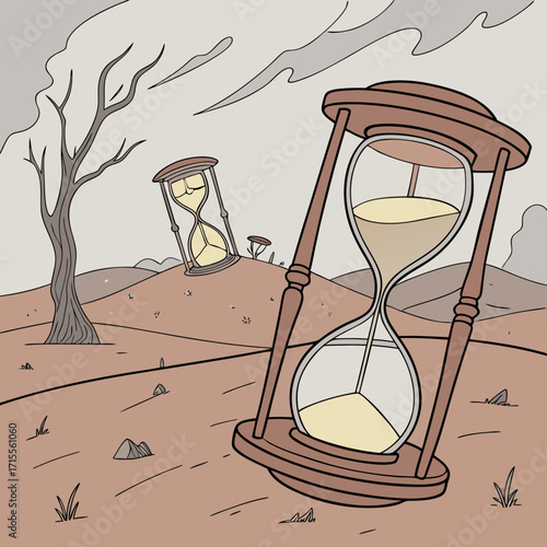 Surreal desert landscape with two large hourglasses representing the passage of time and a barren dead tree under a cloudy sky