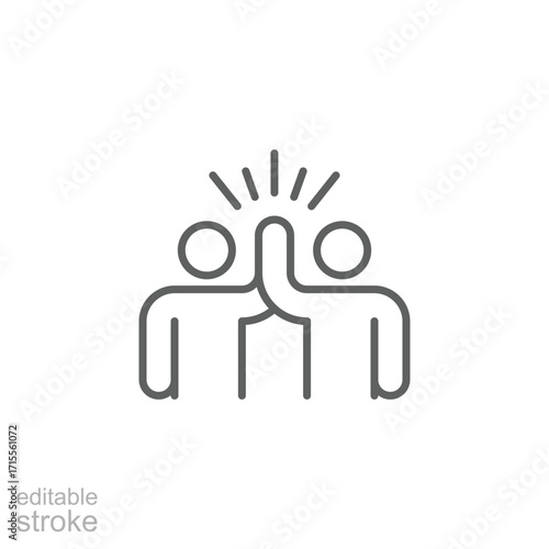 Two people give high five icon. Simple outline style. People together holding hands with their hands raised up, friendly greeting, teamwork concept. Thin line symbol. Isolated design editable stroke.