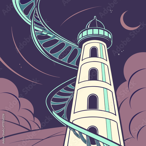 Surreal lighthouse tower with a dna helix structure spiraling around it against a dark night sky with clouds and a crescent moon