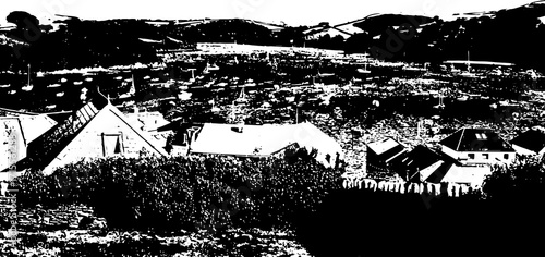 Captivating high-contrast graphic captures a serene coastal village with sailboats dotting the harbor and rolling hills in the background, evoking a sense of peaceful escape and natural beauty.