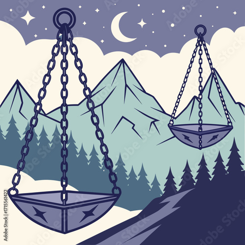Symbolic scales of justice suspended in a serene mountain landscape under a starry night sky with a crescent moon and fluffy clouds