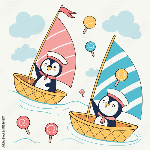 Two adorable cartoon penguins wearing sailor hats and scarves sail boats on the ocean surrounded by colorful lollipops and fluffy clouds