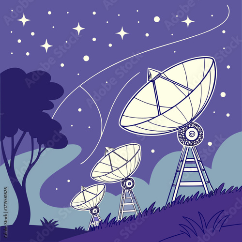 Three satellite dishes stand tall under a starry night sky receiving signals from space with a silhouette tree nearby