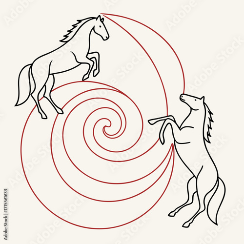 Two majestic horses in dynamic poses intertwined with a red spiral symbolizing energy movement and natural harmony