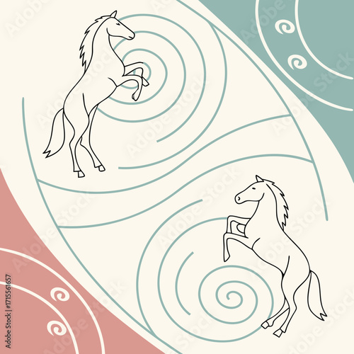 Two minimalist line art horses rearing up in a dynamic symmetrical composition with abstract swirling background elements in pastel colors