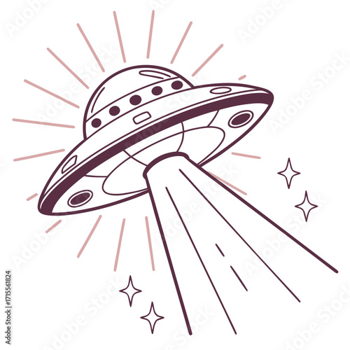 Whimsical cartoon illustration of a retro flying saucer emitting a beam of light with sparkling stars and radiating lines against a white background