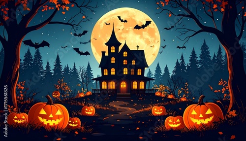 Halloween Night Haunted House Pumpkin Scene.