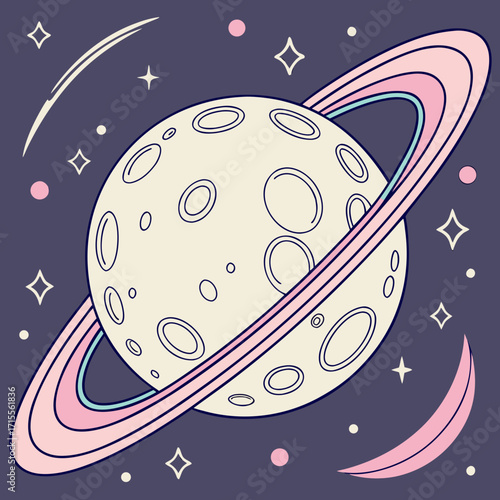 Whimsical cartoon planet with pastel rings and craters surrounded by stars comets and crescent moon shapes in a deep purple cosmic background
