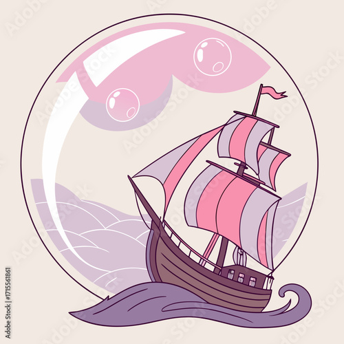 Whimsical cartoon sailing ship with pink and purple striped sails navigating gentle waves inside a large transparent bubble with smaller bubbles floating