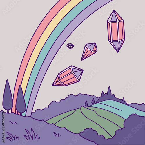 Whimsical pastel landscape with a gentle rainbow arching over rolling hills and floating geometric crystals in a dreamlike scene