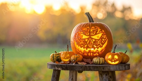 Spooky Halloween Jack OLanterns on Rustic Stool.