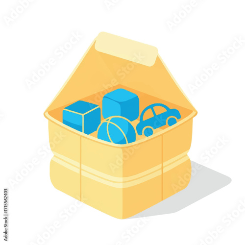 Isometric illustration of a yellow box containing blue toys including a car, blocks, and a ball on a white background with a subtle shadow.