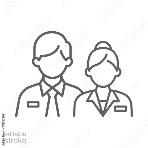 Company staff icon. Simple outline style. Man and woman in uniform, worker, employee, couple, official business representatives concept. Thin line symbol. Isolated design editable stroke.