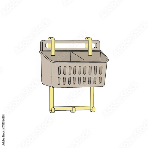 Illustration of a beige shopping basket with yellow frame and wheels on a white background.