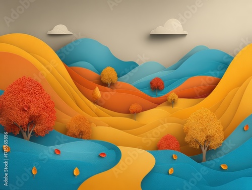 A vibrant autumn landscape unfolds with layered hills, colorful trees, and a winding path in a whical and charming paper cut style image.